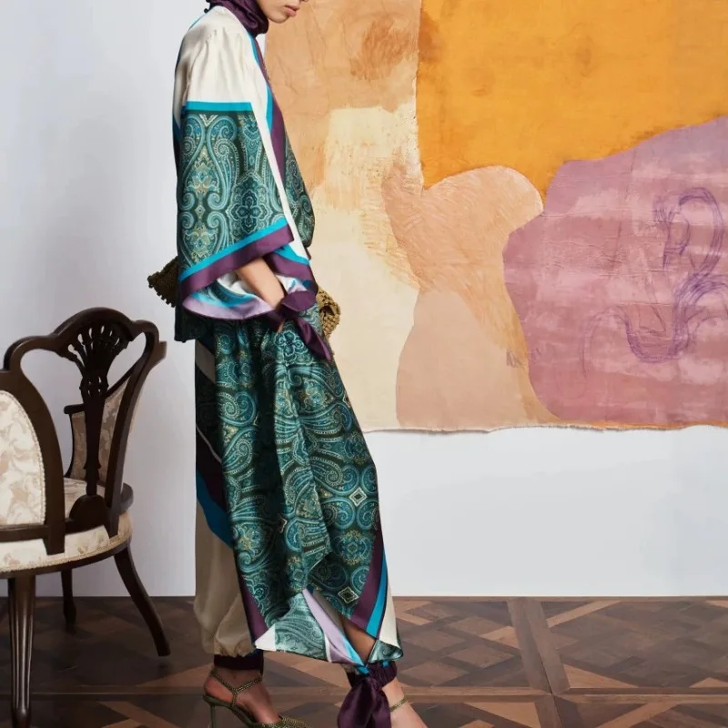 2026 Autumn New Arrival Ladies Unique Design Satin Matching Set, Floral Print Tie Waist Long Sleeve Top and Long Pants