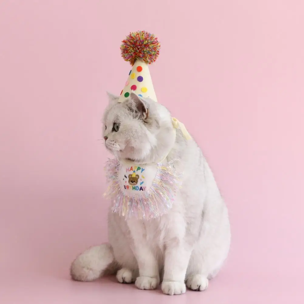 Sweet Cute Pet Hat for Cats Colorful Dot Lace Pet Birthday Party Hat Bib Set for Small to Medium Dogs Cute Cat Costume for Pet