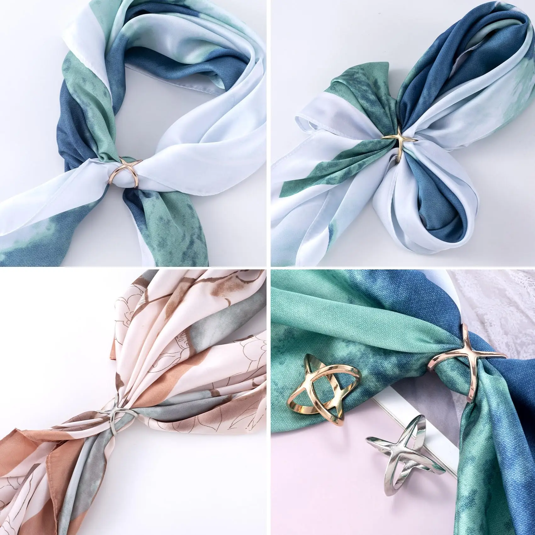 3 قطع من مشابك الوشاح على شكل X للنساء، دبابيس حامل وشاح للشالات والملابس الحريرية (ذهبي/فضي)