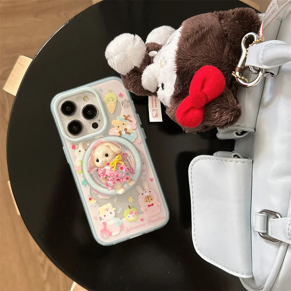 New Cute Bear Rabbit Magnetic Stand Phone Case For iPhone 16 15 14 16 promax Fundas cartoon with Magsafe Girls protective cover