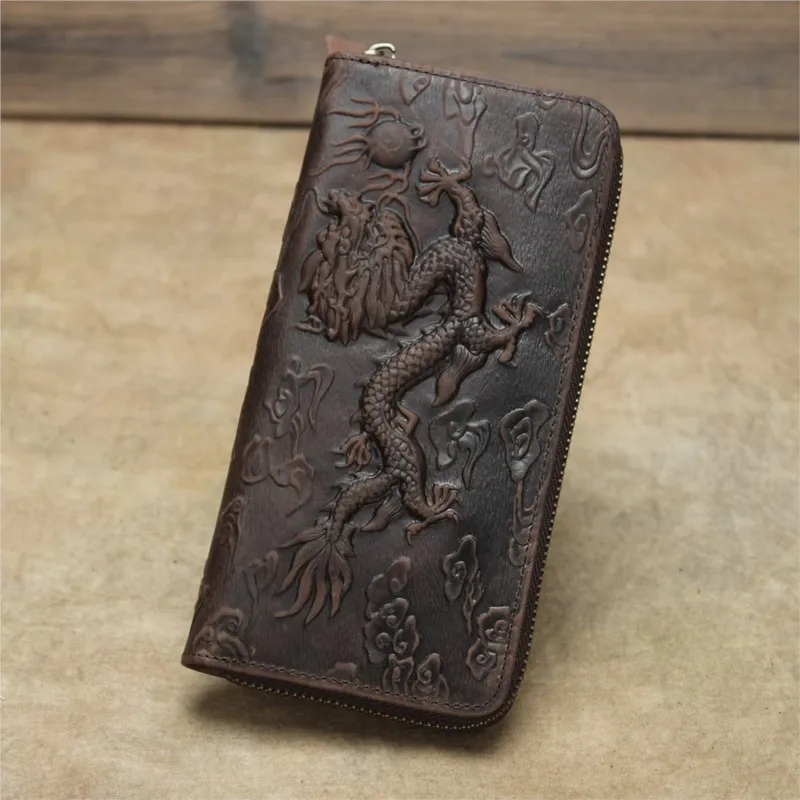 Johnature Retro Crazy Horse Leather Embossed Wallet 2024 New Dragon Pattern Long Men Wallets Card Holder Handmade Cowhide Purse