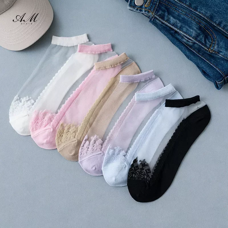 1Pair Women\'s Ankle Socks Transparent Invisible Summer No Show Lace Socks Non-slip Mesh Sheer Half Thin Socks