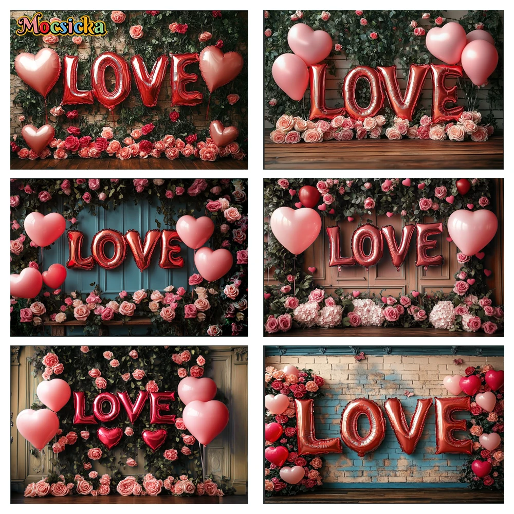 Mocsicka Valentine's Day Photo Backgrounds Flowers Balloons Made Of Love Holiday Family People Photo Backgrounds Studio Props