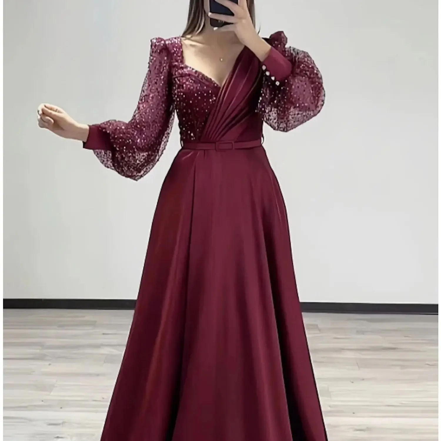 

Aileen Bead Embroidery Claret Shiny Satin Long Sleeves Formal Dress Es Elegant Party Dresses 2024 for Wedding Ball Gowns Evening