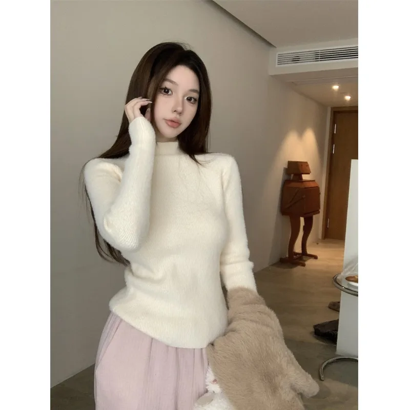 

Women's Fce Lined Thiened Long Sve Knitted Sweater f High Collar Winter New Sle Versatile Slim Fit Inner Wear Ba...