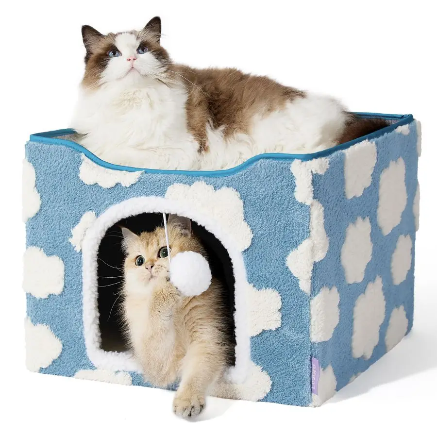 

Indoor Cat Beds Kitten House Large Cat Cave for Pet Cube with Fluffy Ball Hanging, Foldable Small Aminal Hideaway, 17 Inches, Co