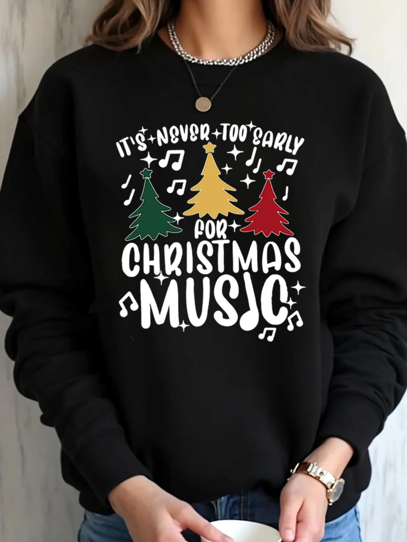 سويت شيرت نسائي كبير الحجم مطبوع عليه موسيقى شجرة عيد الميلاد للارتداء في الهواء الطلق