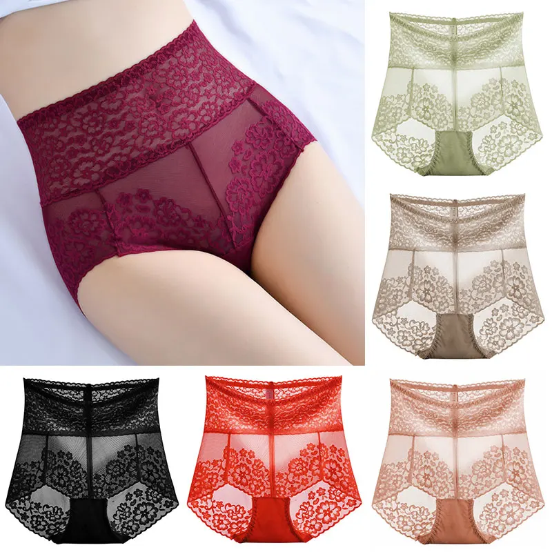 High Waist Women Lace Briefs Female Hollow Out Underpants Breathable Comfortable Panties Solid Color Underwear Fashion