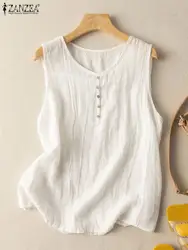 Vintage Women Tanks Tops 2023 ZANZEA Casual Loose Beach Blusas Solid Holiday Tunic Work Shirt Summer O Neck Sleeveless Blouse