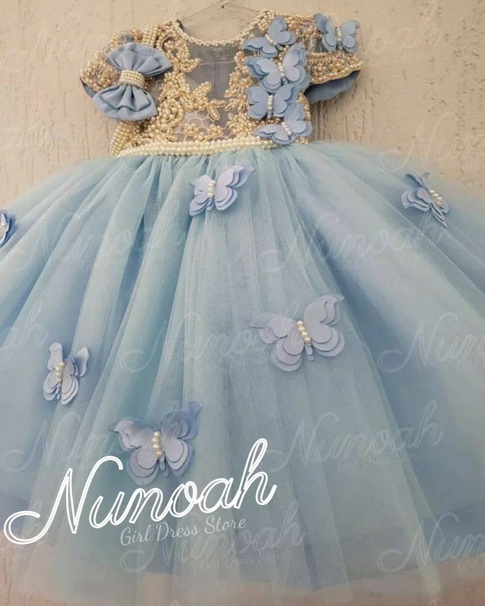 

Светло-голубое платье с цветочным узором для девочек на свадьбу, с кружевными аппликациями, нарядное платье для дня рождения с бантом, платья для первого причастия, на заказ