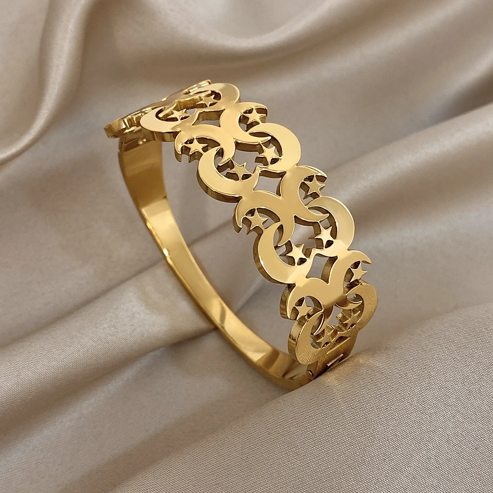 

Freetry Creative Moon Star Stainless Steel Bracelet Women Trendy Hollow Out Geometry Wide Spring Bangle Cuff Jewelry Accessories