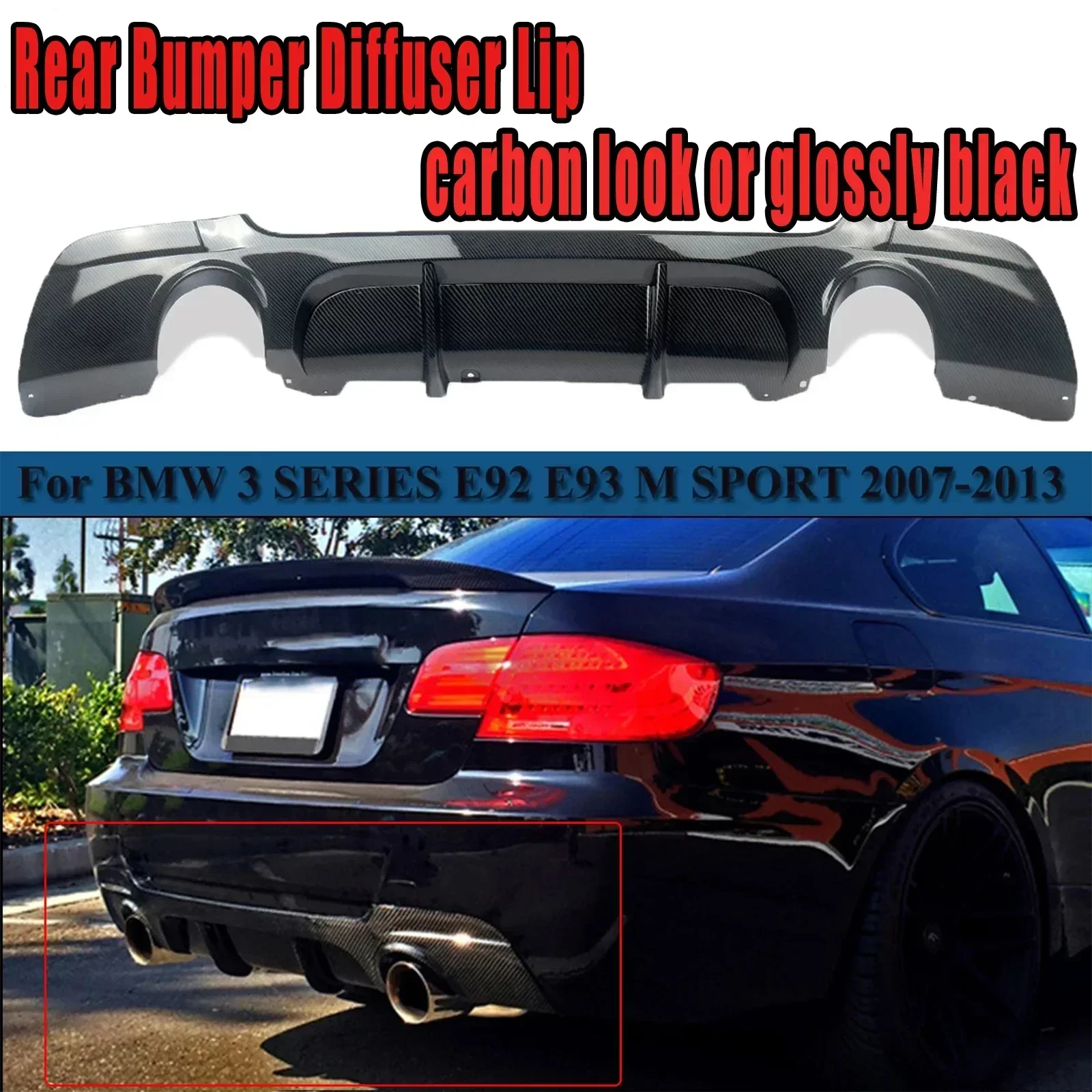 Rear Bumper Diffuser Lip For BMW E92 E93 328i 335i Coupe/Convertible Car Replacement Part 2007-2013 Carbon Fiber Glossy Black