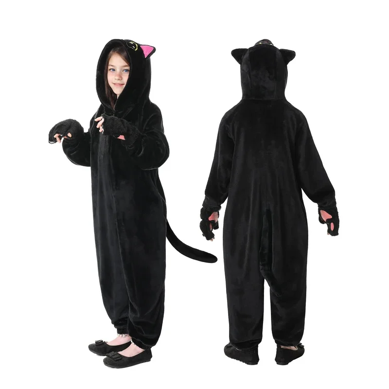 Pijama de mono negro de felpa suave para niñas con guantes y pegatinas de gato, conjunto de ropa de dormir cálida de invierno, perfecto para Halloween mb.3