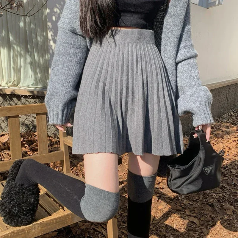 Fall Winter Kawaii Knitted Pleated Skirt Women 2024 Korean High Waist Mini Skirts Woman Preppy Style A Line Short Skirts Mujer