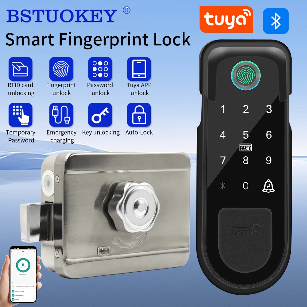 Fingerprint Lock for Tuya Smart Lock with Bluetooth Door Lock support M1 Wifi Gateway, Can be connected to external power Supply