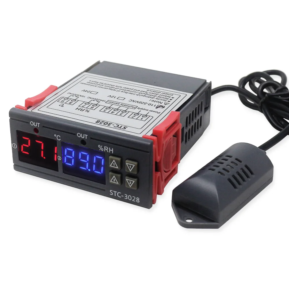 Imagem -02 - Termostato Digital Duplo para Controle de Temperatura e Umidade Termômetro e Higrômetro Controlador Incubadora ac 220v dc 12v 24v Stc3028