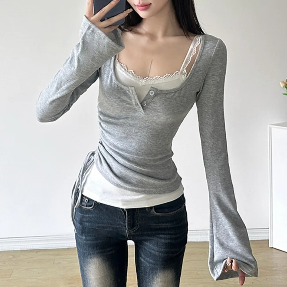 Sexy Fake Two-piece Slim Crop Tops Bell Sleeve Lace Bottoming Top Bow Elastic Skinny Knitwear Spicy Girl