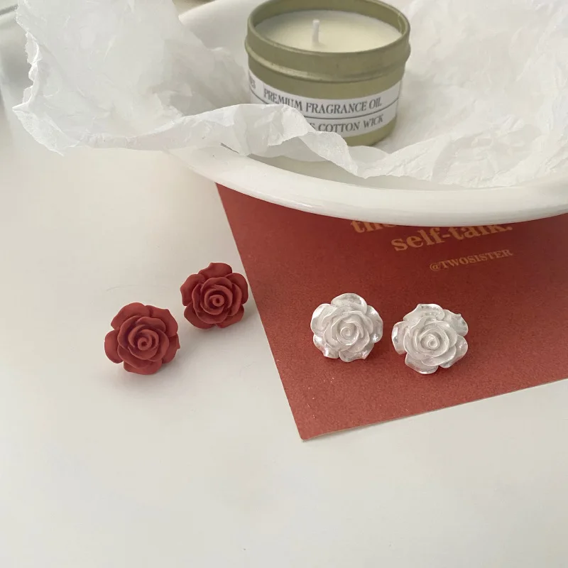 Korean Retro Resin Red Rose Flower Ear Clips Earrings French White Rose Small Clip on Earrings for Women Girls Without Ear Hole