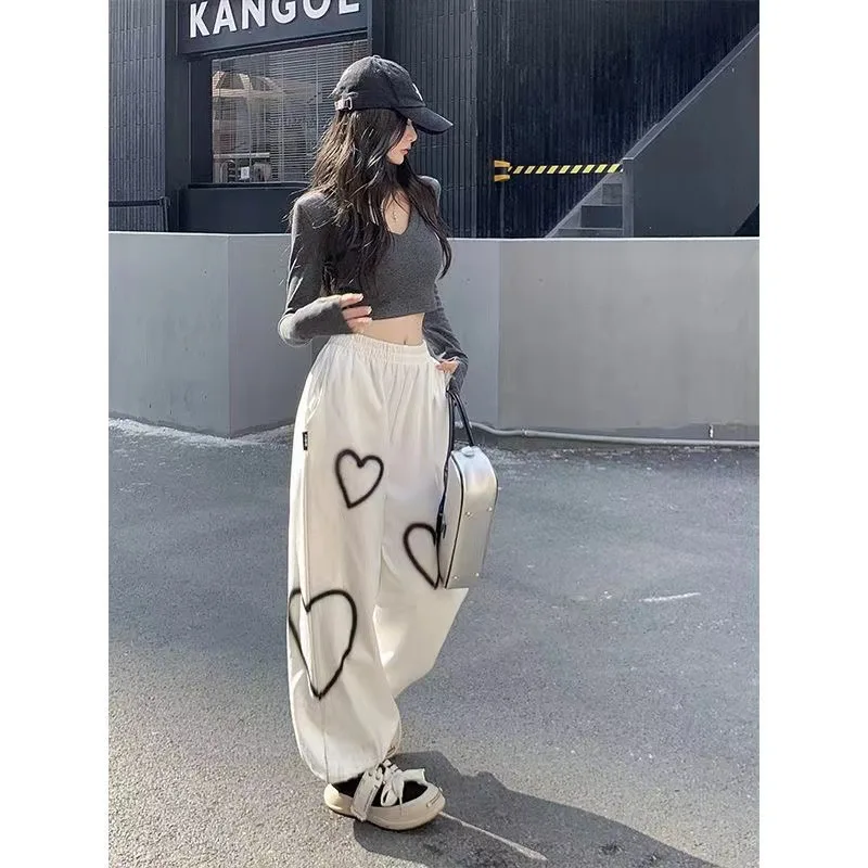 

Women's Heart Print Drawstring Pants Casual Soprty Wide Leg Pants for Daily Outdoor Wear Ladies Bottoms women' s Pants