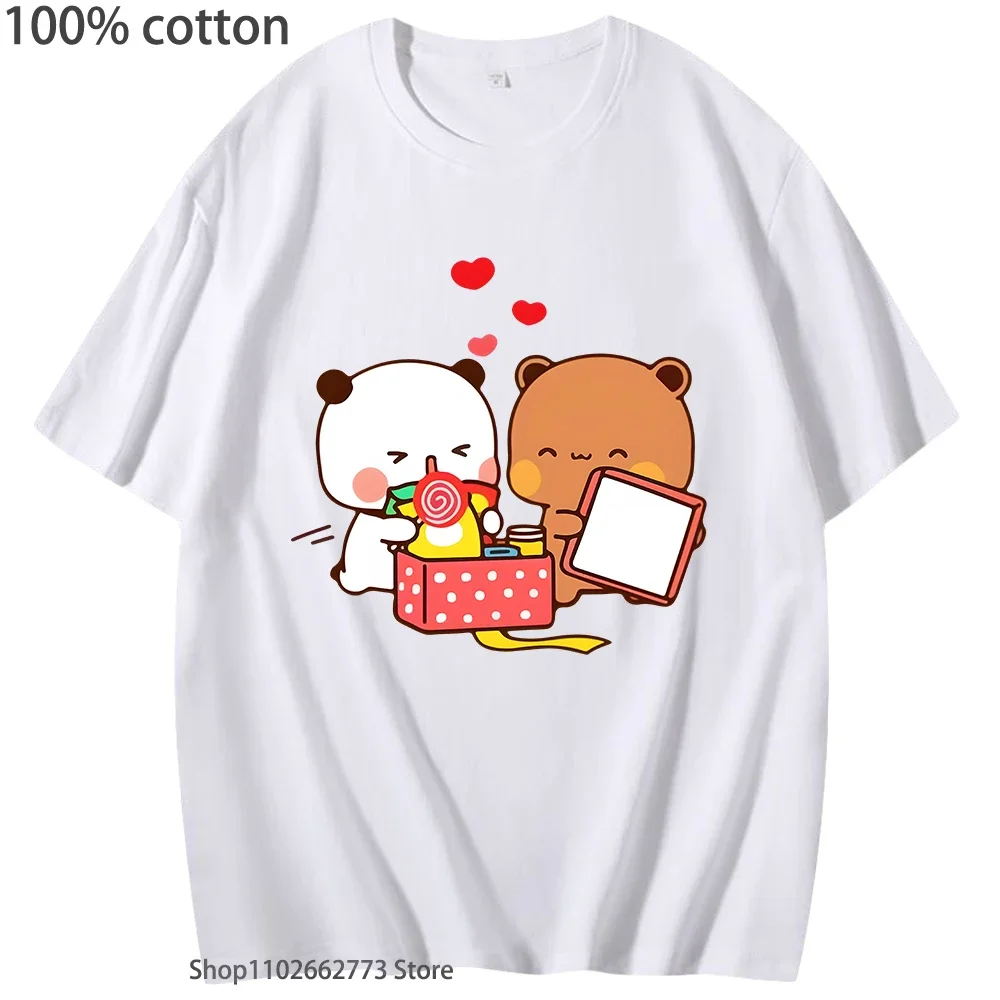 Cute Dudu and Bubu T-Shirts Peach and Goma Mochi Bear Couple Shirt Girls Kawaii Panda Bear Tops 100%Cotton Tee Women Men Clothes