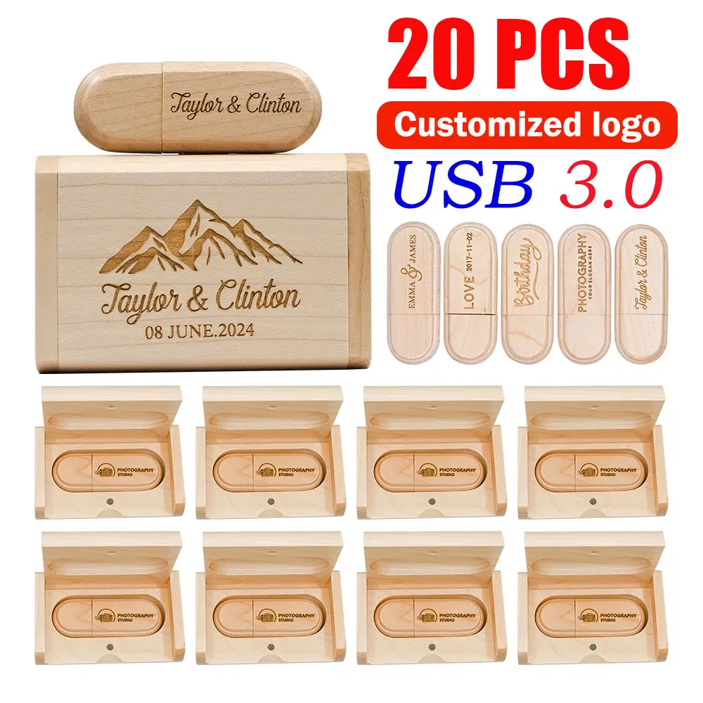 20PCS Wooden USB 3.0 Flash Drive 128GB High speed Pen drive 64GB 32GB Free Custom Creative gift Memory stick U disk for Laptop