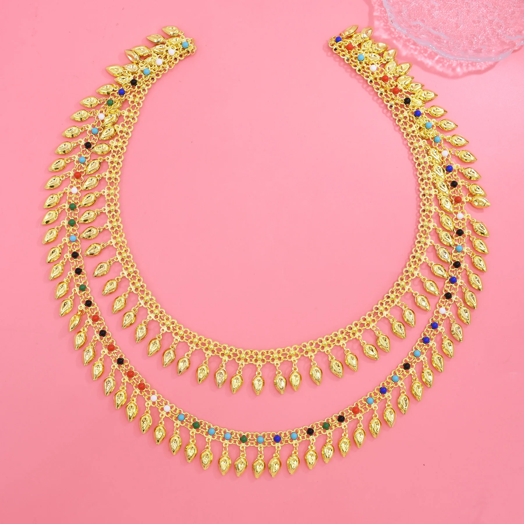 Gold Plated Colorful Beads Tassel Shoulder Chain Body Jewelry Fashion Thai India Kurdish Cypsy Ethnic Traditional Accessory Gift