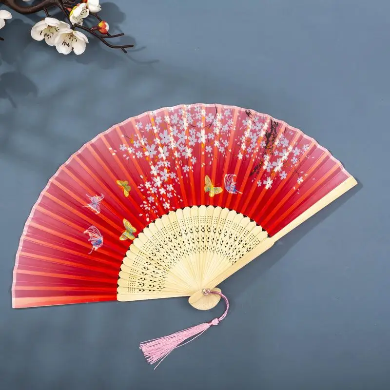 10pcs Vintage Silk Folding Fan Retro Chinese Japanese Bamboo Tassel Plum Blossom Hand Fan Gift Craft Ornament Home Decoration