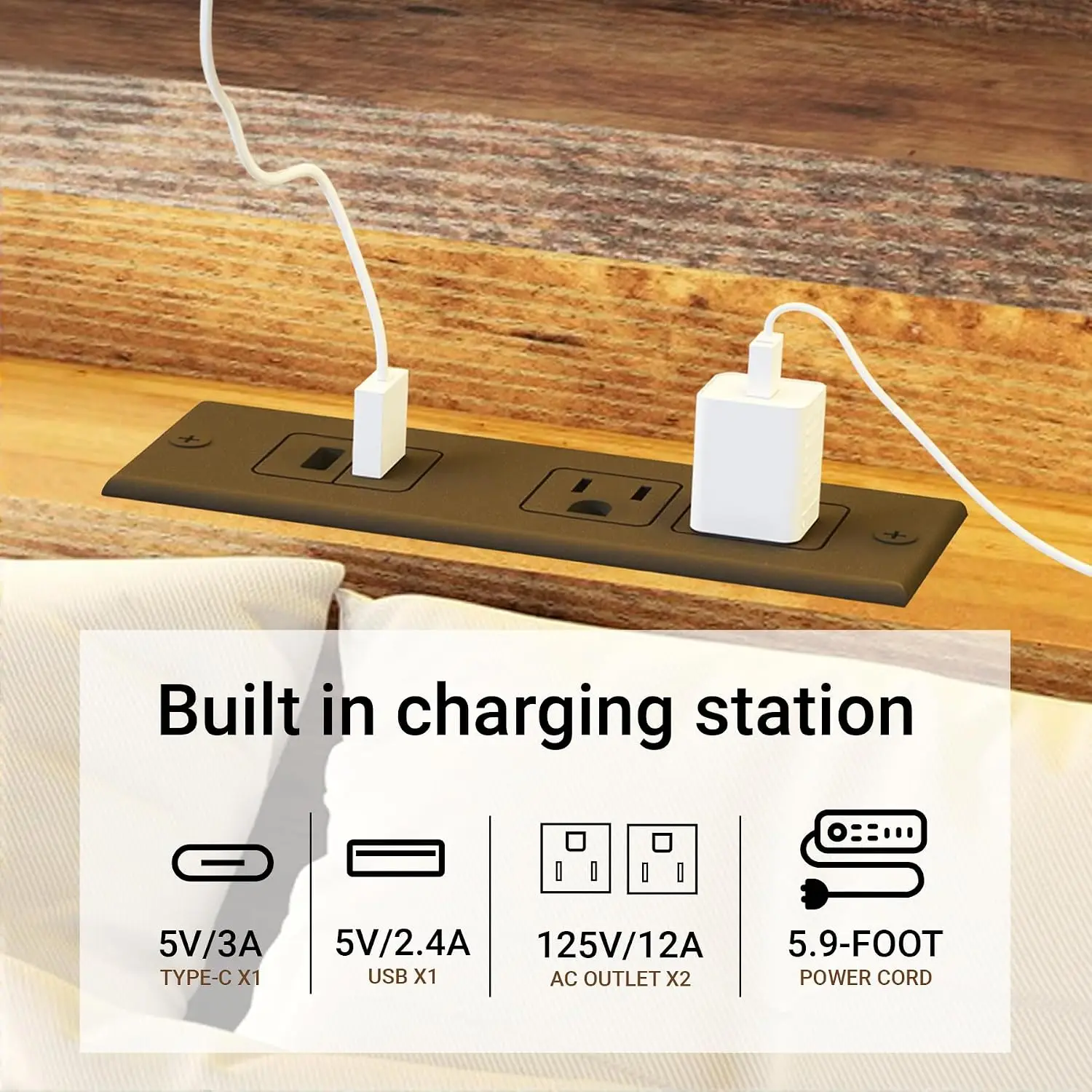 Wooden Queen Size Bed Frame with Storage Headboard, Rustic Farmhouse Platform Bed Frame Queen with Charging Station & LED Lights - view 5