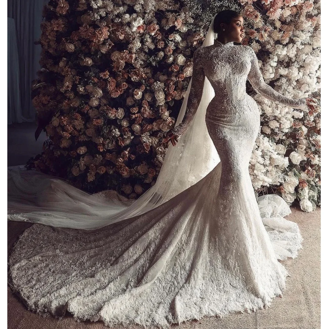 

Luxury Wedding Dresses Lace Long Sleeves Mermaid Bridal Gown Exquisite Sweep Train Formal Party Dress robe de mariée Customized