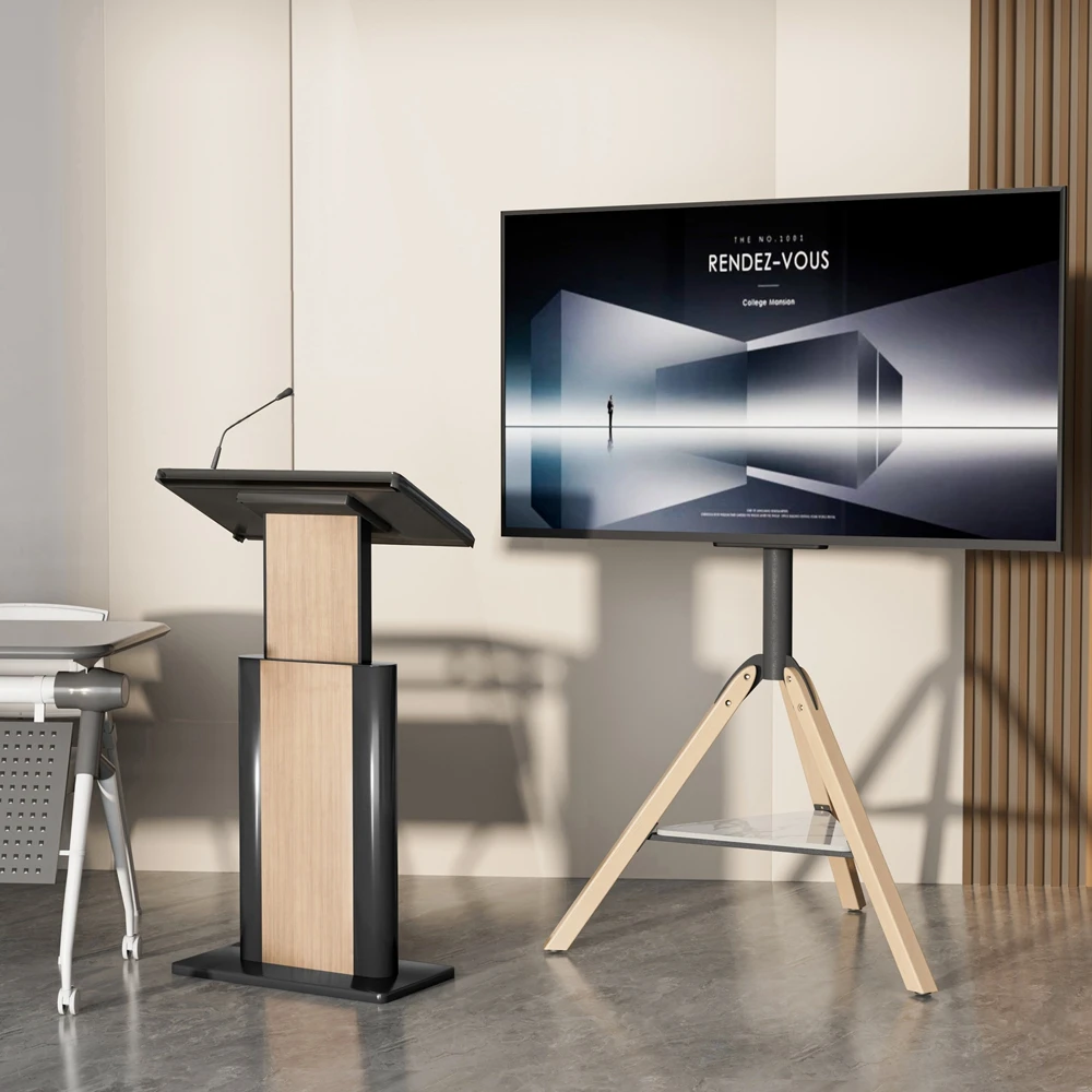 حامل تلفزيون زاوية بتصميم UNHO لشاشات LED مقاس 40 -75 بوصة مع رفوف حجرية ملبدة وحامل ثلاثي القوائم حامل أرضية تلفزيون حديث