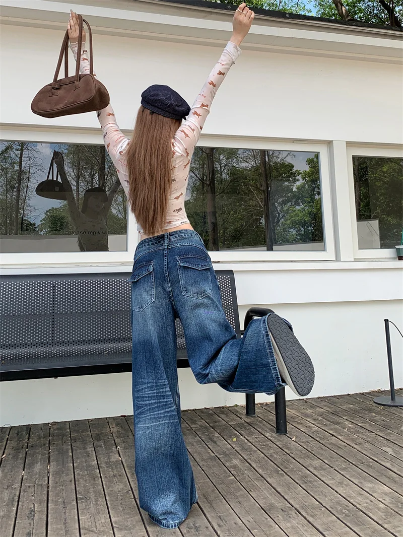 Women 2026 New Back Patch Pocket Dark Blue Mottled Tie Dye Denim Pants Daily Commute Versatile Loose Casual High Waist Long Trousers Womens Denim Pants