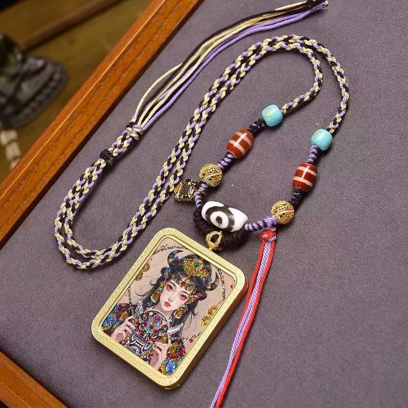 hand-painted thangka pendant with Buddhist themes of past and present, handmade woven rope necklace, Tibetan-style hangi