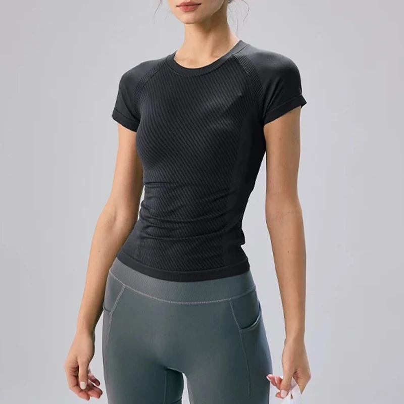 Damen Yoga Fitness Kurzarm-Shirt, Sommer Neu Atmungsaktiv Schnelltrocknend Schlankmachendes Yoga-Sport-T-Shirt – Detail 6