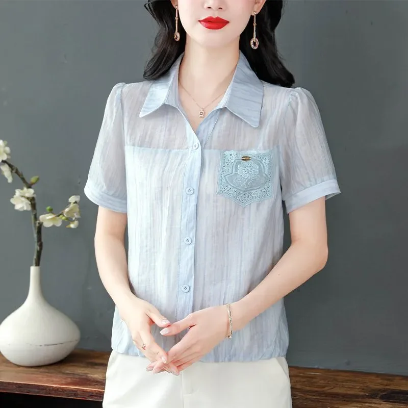 

Women's Short Sleeve Polo Neck Chiffon Blouse with Lace Pocket Summer Casual Mom Shirt