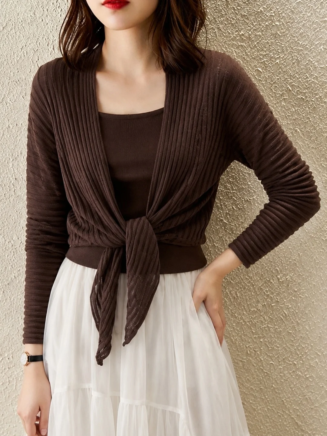 Women's Knitted Open Cardigan Belted Waist Design Comfortable Soft New Autumn Fashion V-neck Long Sleeve Silk Top