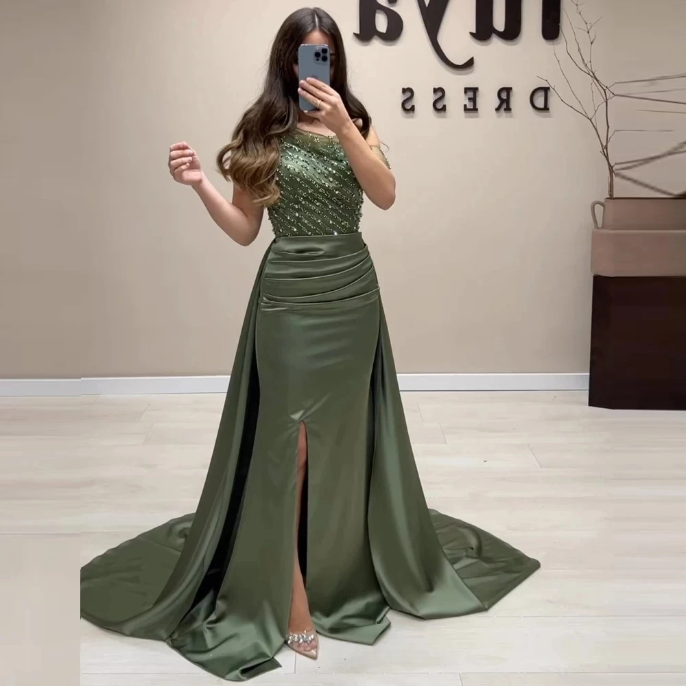 Flora Dress Green Satin One-Shoulder Evening Dresses Mermaid Saudi Arabia Wedding Guest Side Slit Elegant Formal Party Gowns