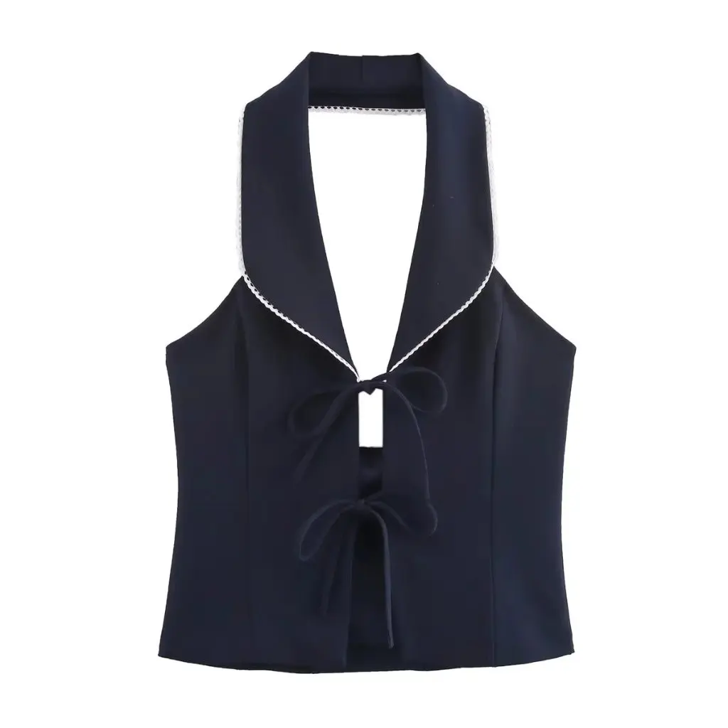 

European And American Women's Bow Decoration Stitching Collar Jacket Vest Fashion