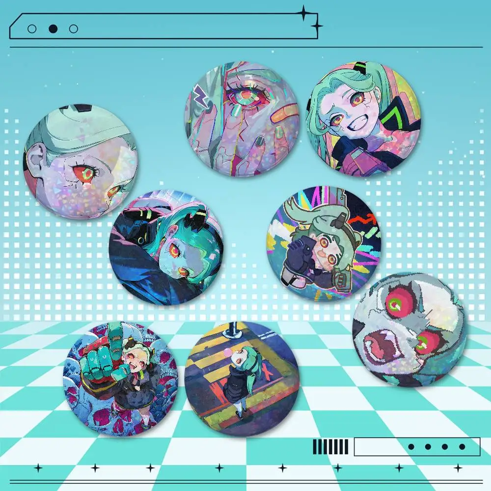 Rebecca Cyberpunk 2 Pieces Anime Holographic Badge Pins 25/32/44/58/75mm Round Brooches For Bag Backpack Hat Decor Fan Collectio