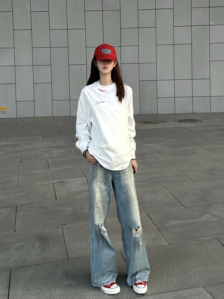 

Винтажные джинсовые джинсы с дырками в американском стиле, мужские свободные длинные брюки Haome с высокой талией, повседневные джинсы с прямыми штанинами для подростков