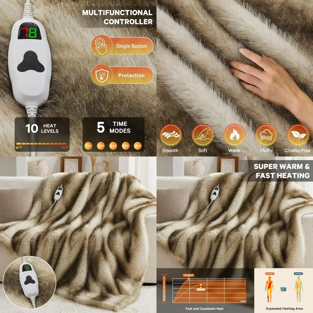 

Twin Size 60x80 Faux Fur Electric Blanket with 10 Heat Settings and 8-Hour Auto Shut-Off, Plush Cozy for Winter, Brown