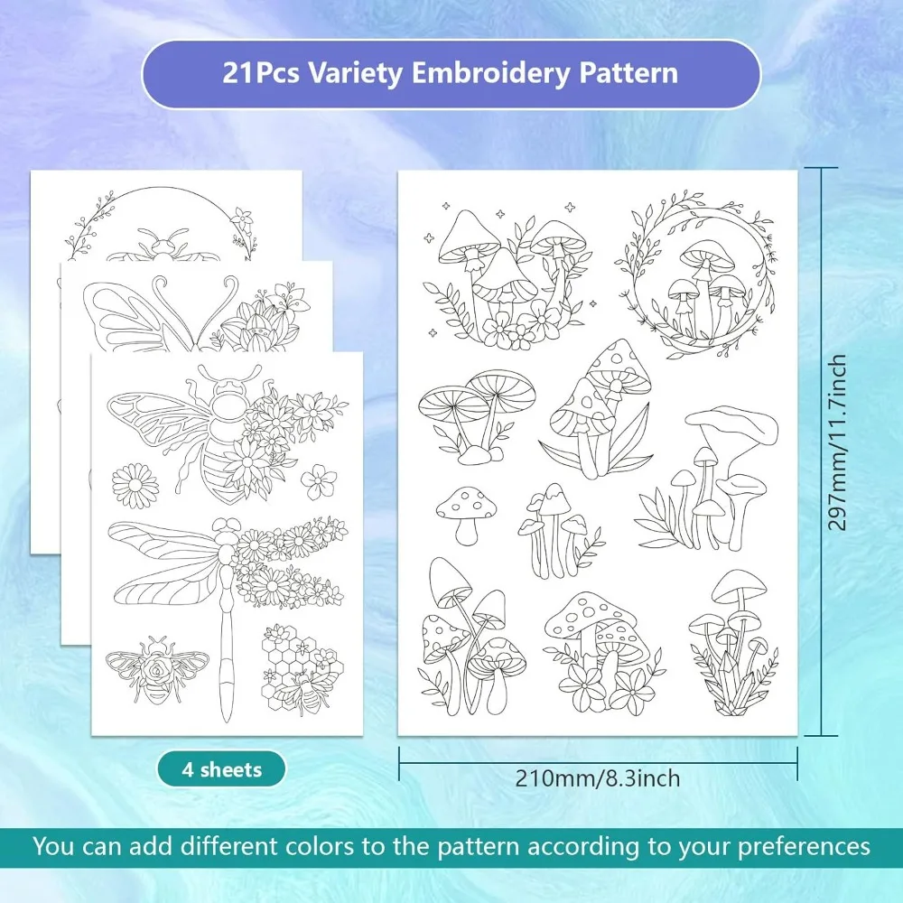 4 Sheets Butterfly Bee Mushroom Water Soluble Stabilizer Hand Sewing Stabilizers with Pre Printed Stick and Stitch Self