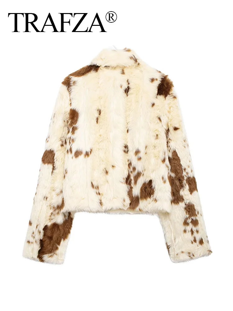 TRAFZA Women Casual Faux Fur Lapel Jacket Fashion Cow Print Autumn Winter Crop Zipper Coat Female Long Sleeve Fluffy Outwear