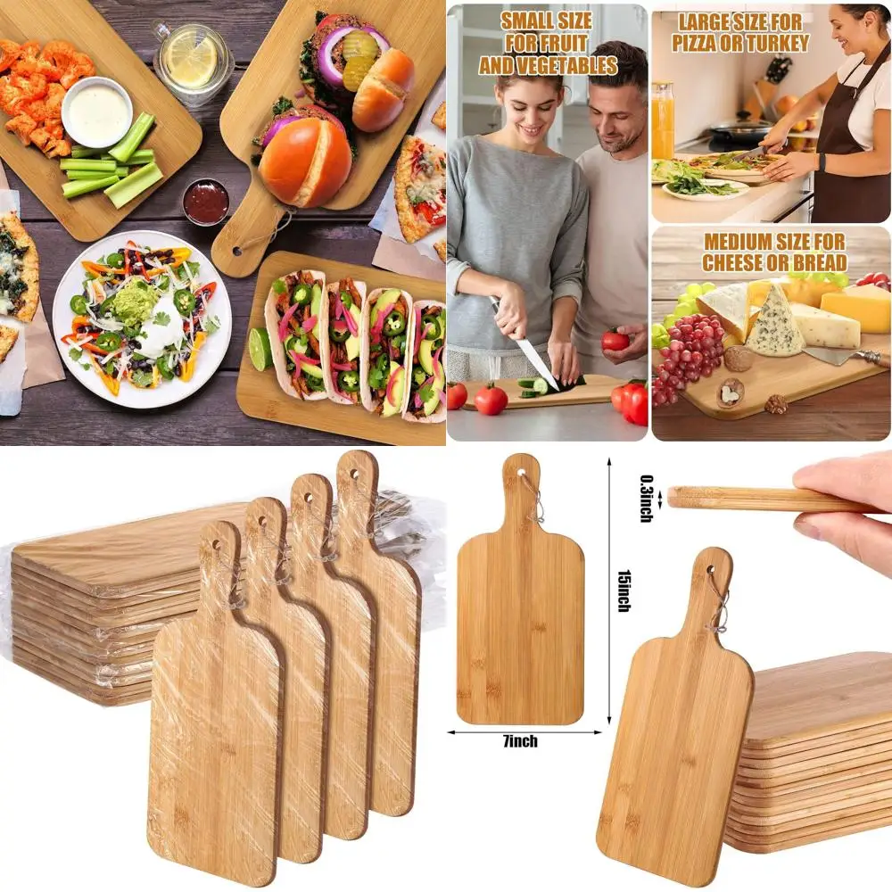 

Set of 12 Bamboo Cutting Boards, 15x7 Inches, with Handles, Ideal for Kitchen Prep and Serving