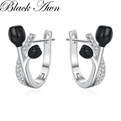 Black Awn 2026 New Flower Hoop Earrings for Women Classic Silver Color Trendy Spinel Engagement Jewelry I320