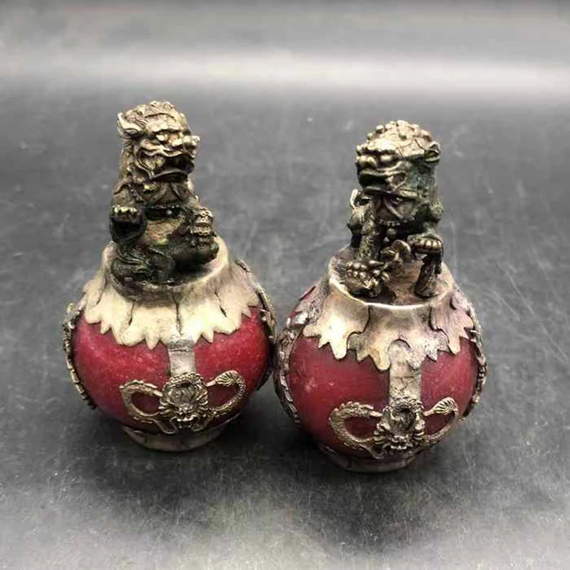 A Pair of Chinese feng shui fu dog kirin silver phoenix artificial red jade statues Home living room decoration gifts