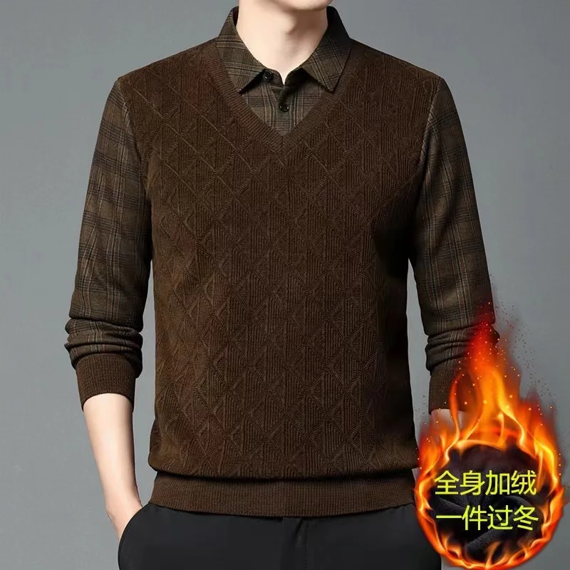 

Fake Two-Piece Dad Style Fleece-Lined Thickened Sweater for Men Winter New Business Casual Warm Knitted Base Shirt