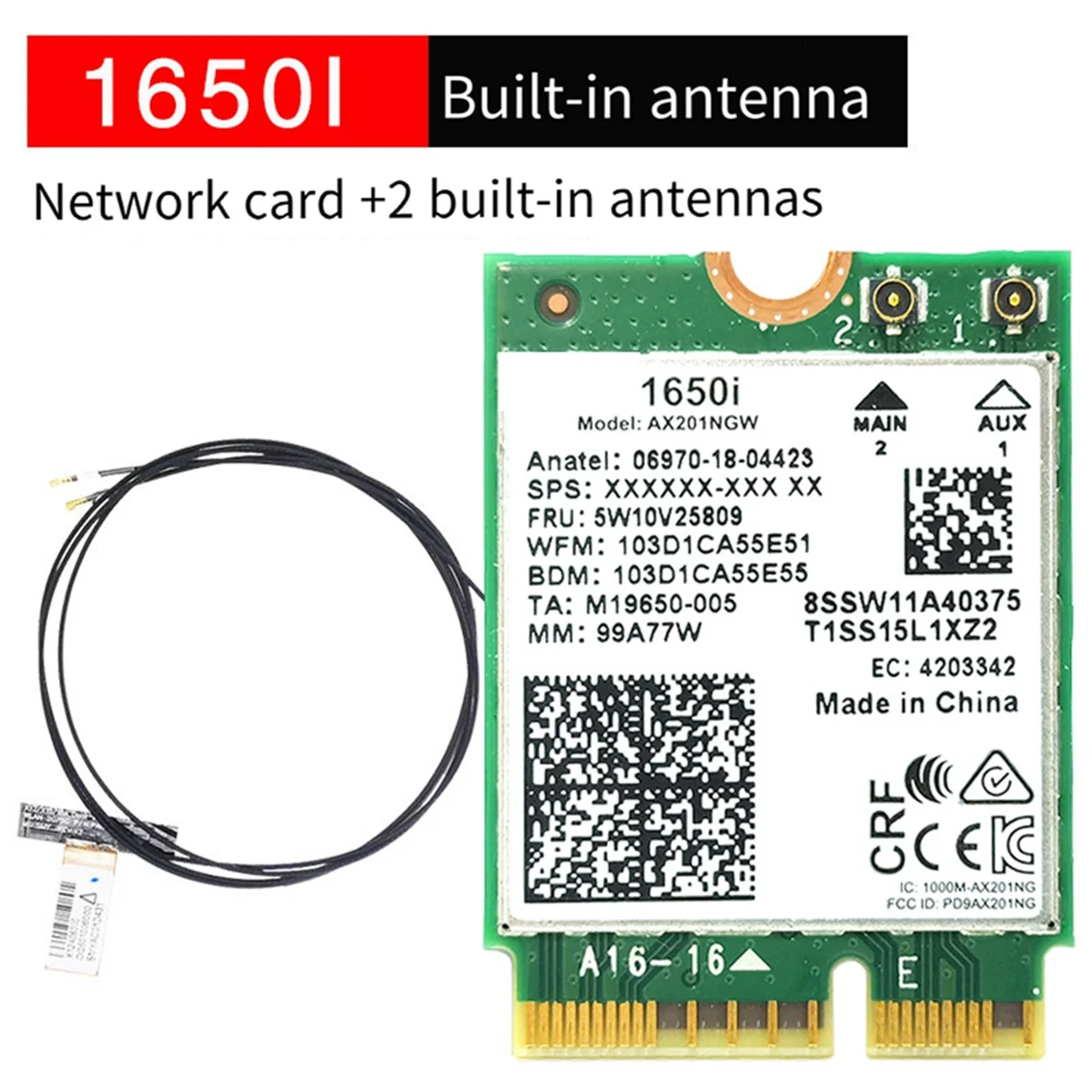 1650i AX201NGW WiFi Card+2xAntenna 3000Mbps WIFI6 2.4G/5G Dual-Band Cnvio2 Bluetooth 5.1 WiFi Adapter for