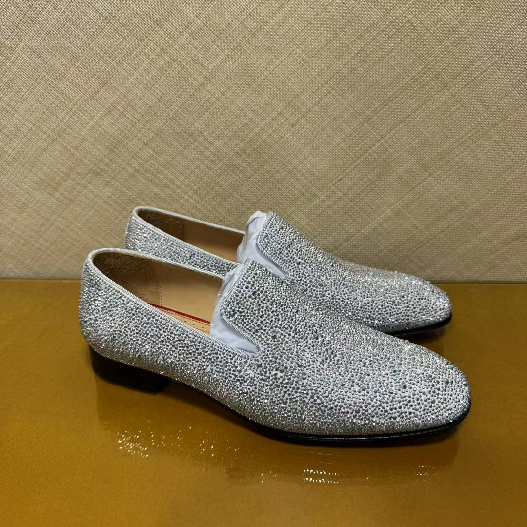 Luxury Oxford Men's Silver Rhinestone Leather Loafers Formal Casual Business Slip On Dress Shoes Red Bottom Wedding Plus Size