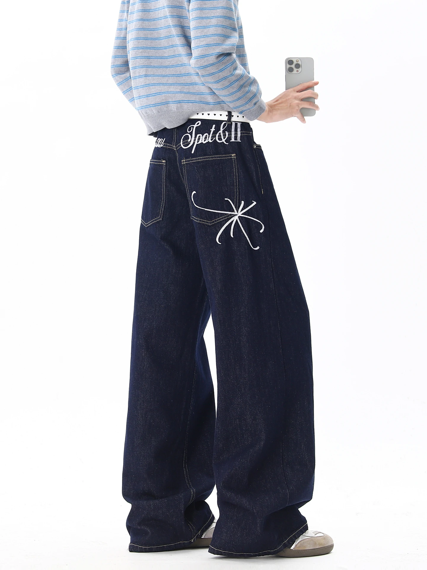 

Модные мужские джинсы с вышивкой в американском стиле, прямые, свободные, широкие, износостойкие, для повседневной носки, можно стирать в машине