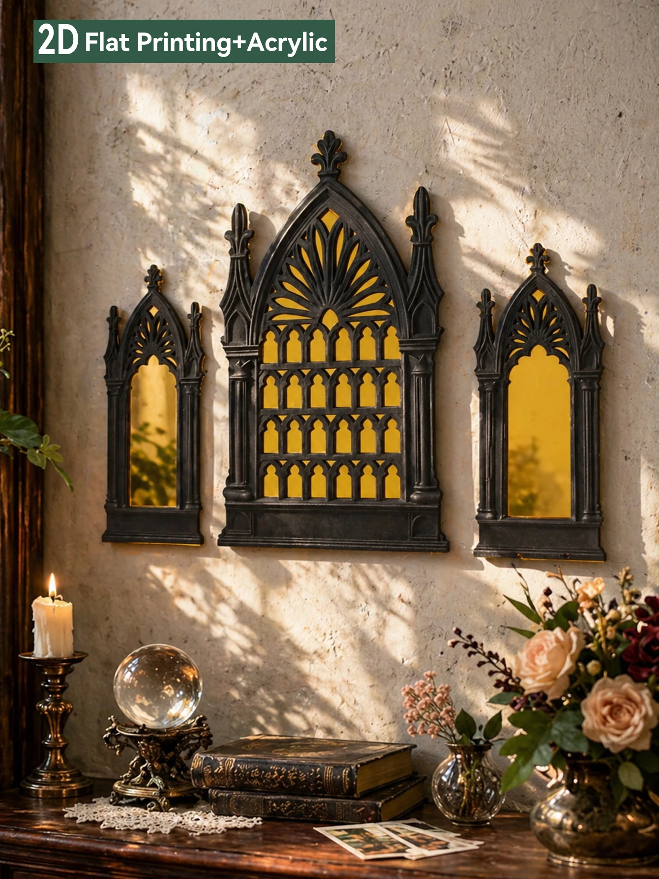 3Pcs Black Gothic Cathedral Wall Mirror, Ornate Window-Shaped Acrylic Mirror,Wall Art for Witchy & Dark Academia Room Decor Gift view 5